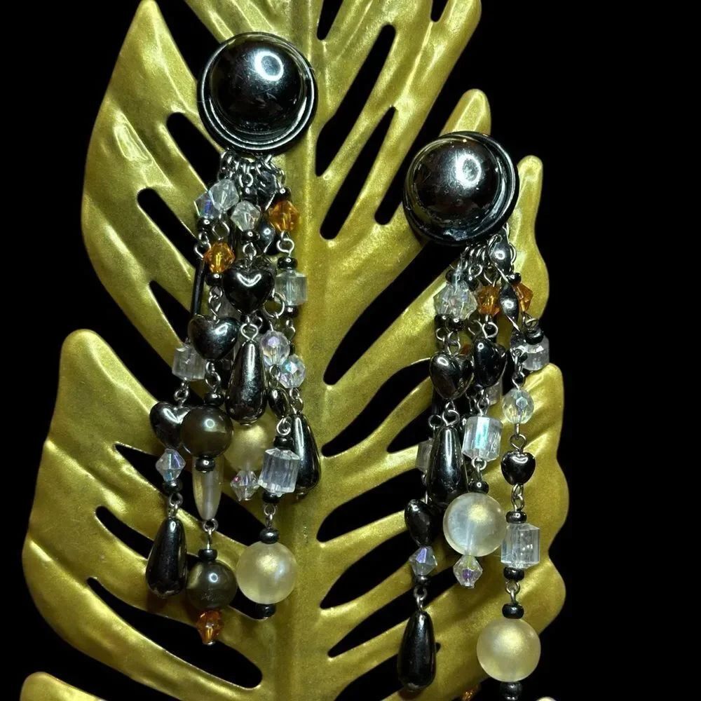 Vintage Clip on Black and Gold Beaded Long Dangle Clip on Earrings